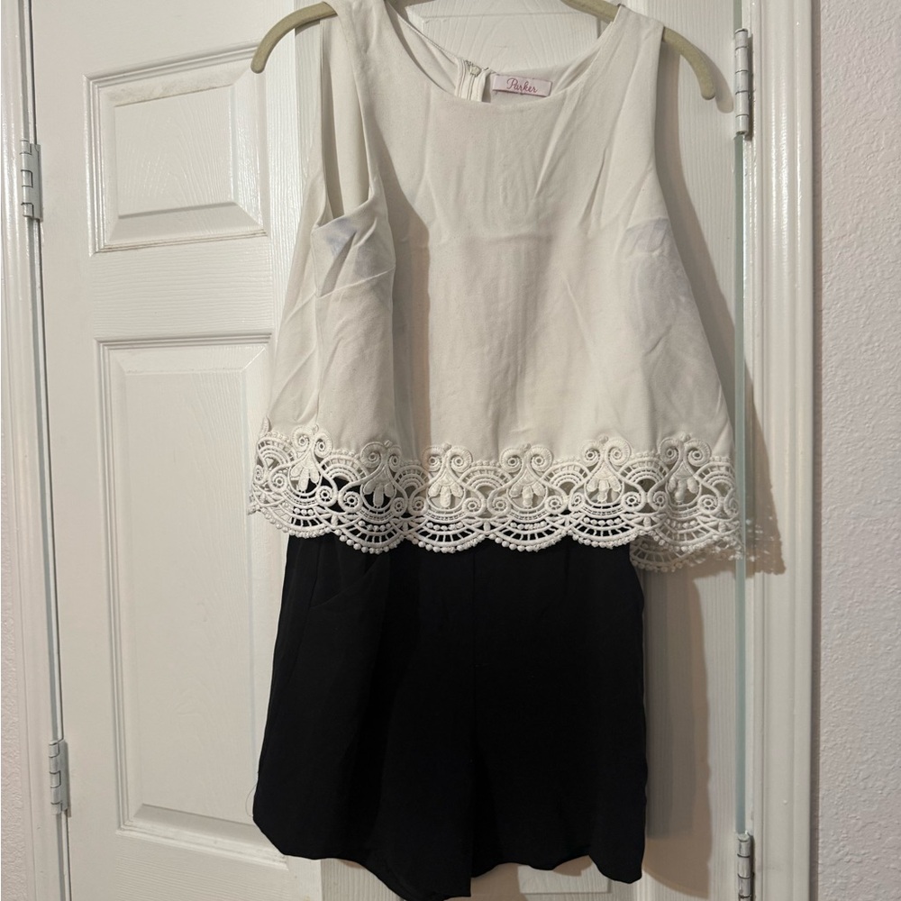 Parker White and Black Lace Trim Jumpsuit